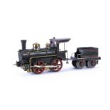 An uncommon and early Märklin Gauge 2 clockwork 0-4-0 Locomotive and Tender, with non-reversing