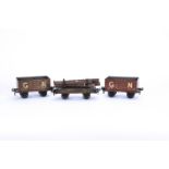 Bassett-Lowke and Märklin Gauge 1 GNR Wagons, two Carette-style lithographed GNR brick-red open