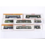 Arnold N Gauge Swiss Coaching Stock, a cased group, BLS, 3712, 3722 (blue/cream), 3711, 3721 (