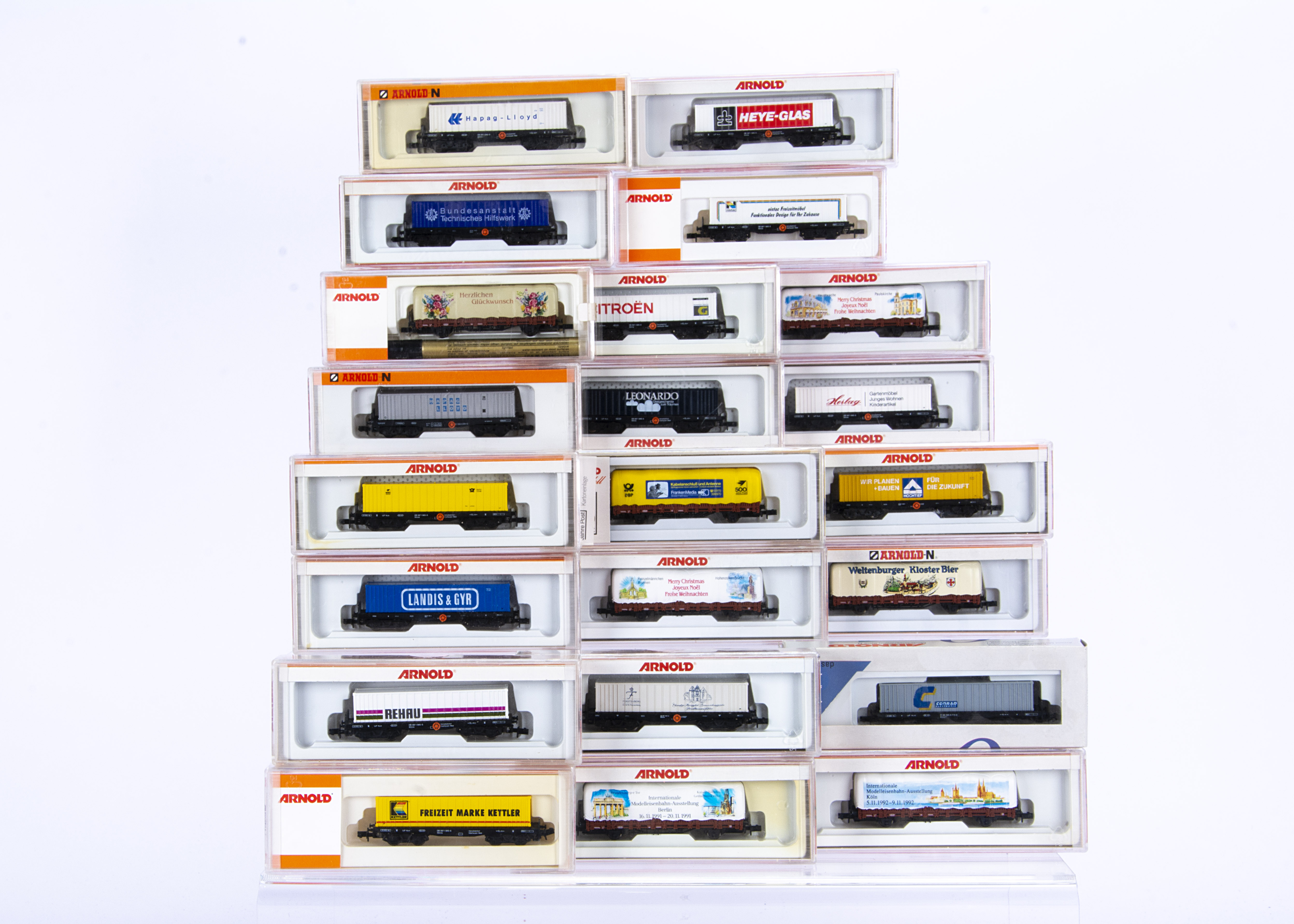 Arnold N Gauge Bogie Container Flat Trucks and Wagons with Sheeted Loads, a cased/boxed