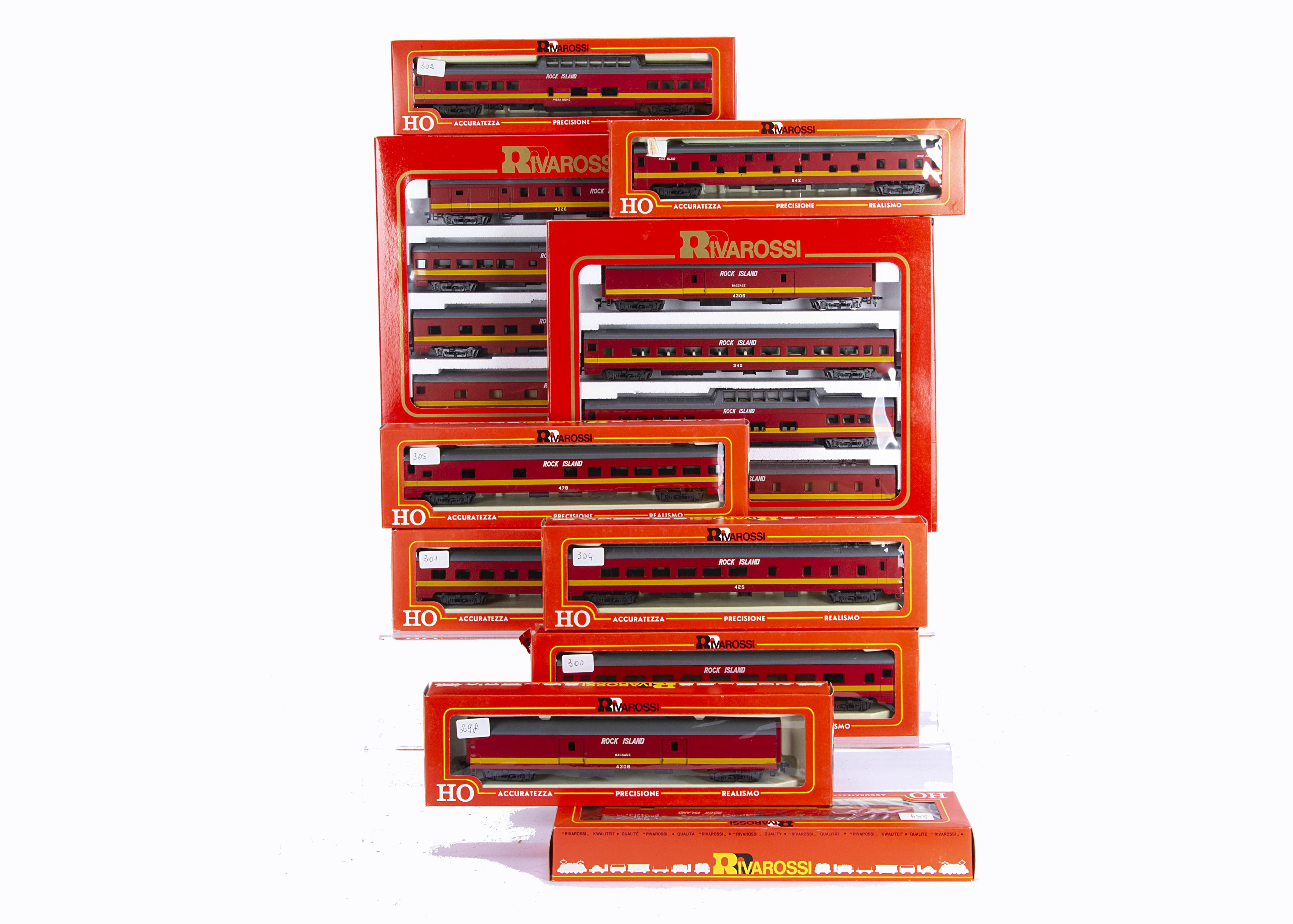 Rivarossi H0 Gauge Rock Island Line Coach Packs and separate Coaches, in red and yellow livery, 6980