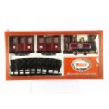 A Mamod 0 Gauge Live Steam RS3 Passenger Train Set, with SL3 maroon locomotive with white