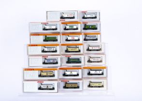 Arnold N Gauge Box Cars with Brake Cabs, a cased collection, all in various continental beer branded
