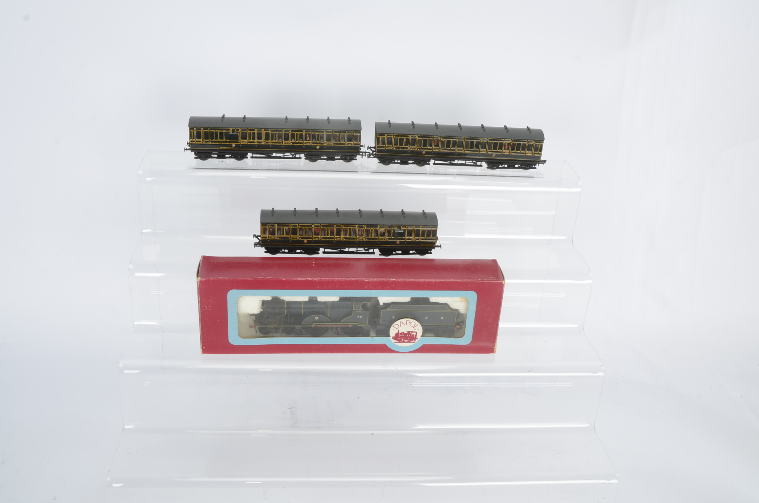 Dapol 00 Gauge Somerset and Dorset Joint Railway Locomotive and SDJR Ratio kit built Coaches,