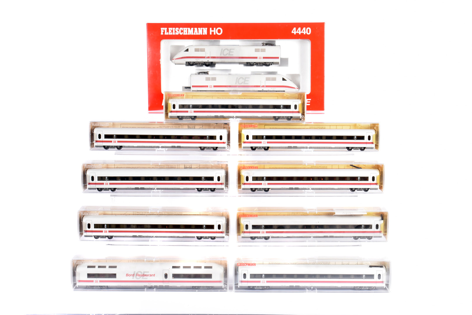 Fleischmann German H0 Gauge ICE Train, all boxed/cased, 4440 two car Intercity Express train pack,