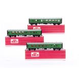 Three Hornby-Dublo 00 Gauge 4055 BR SR green Brake/2nd Coaches, two in original red striped box, one