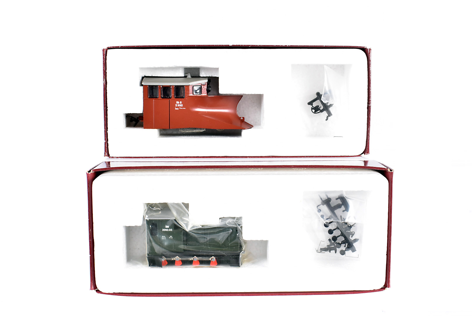 Bemo H0e/H0m Gauge Shunting Locomotive and Snow Plough Track Cleaner, both boxed, with