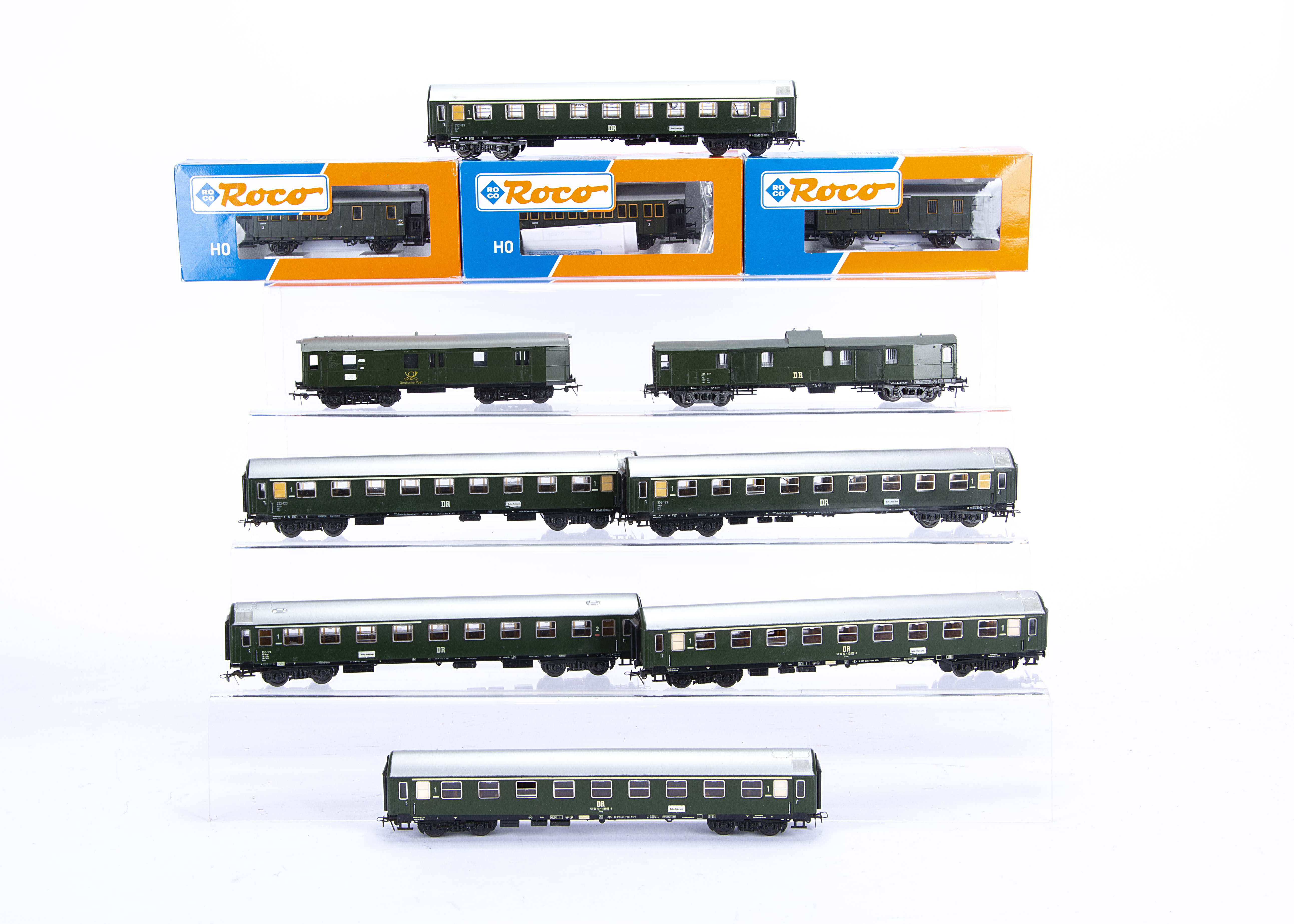German H0 Gauge Green Liveried Coaching Stock, three boxed four wheeled DB coaches by Roco 44824,