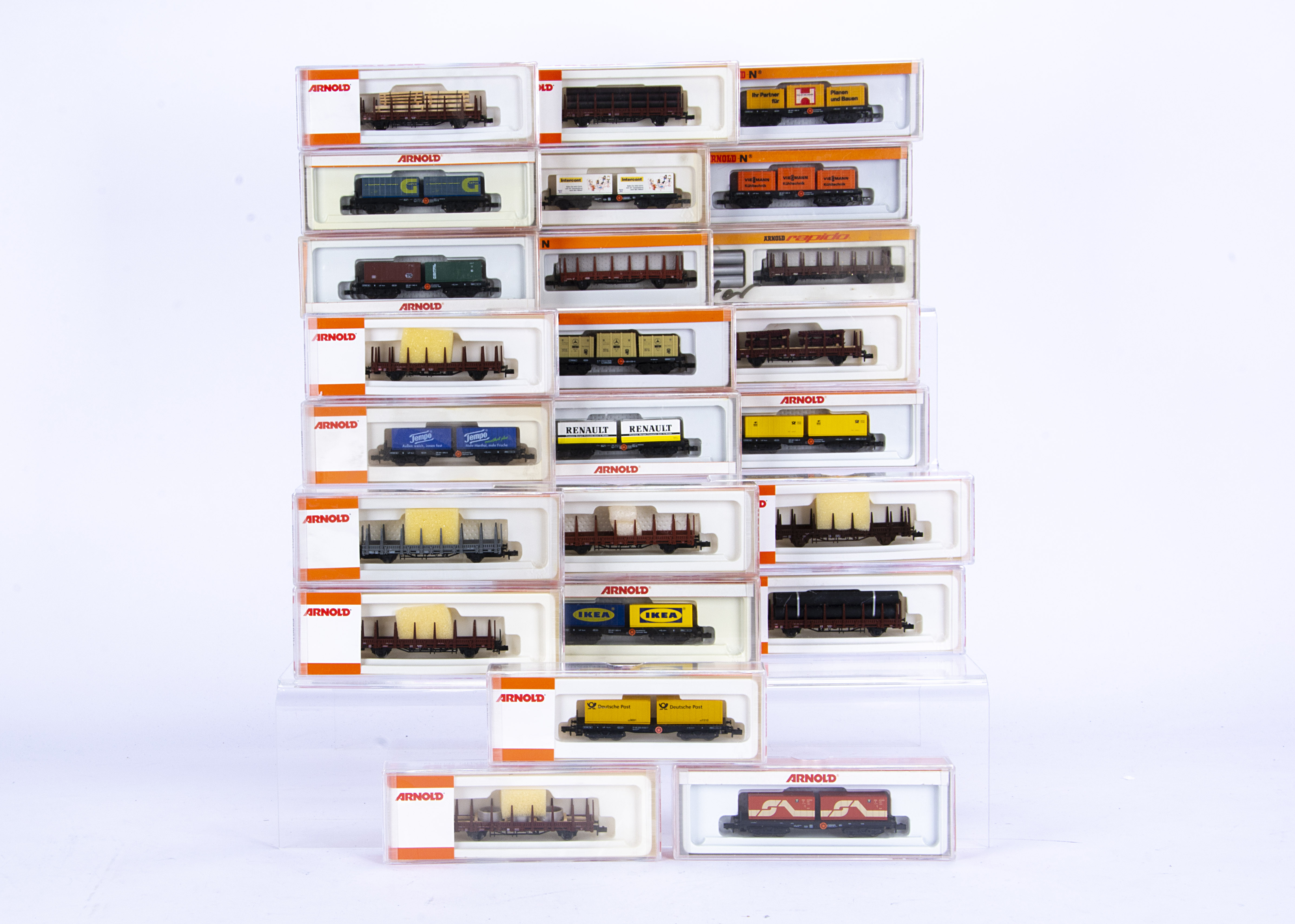 Arnold N Gauge Stake Trucks and Container Flat Trucks, a cased collection, stake trucks, seven