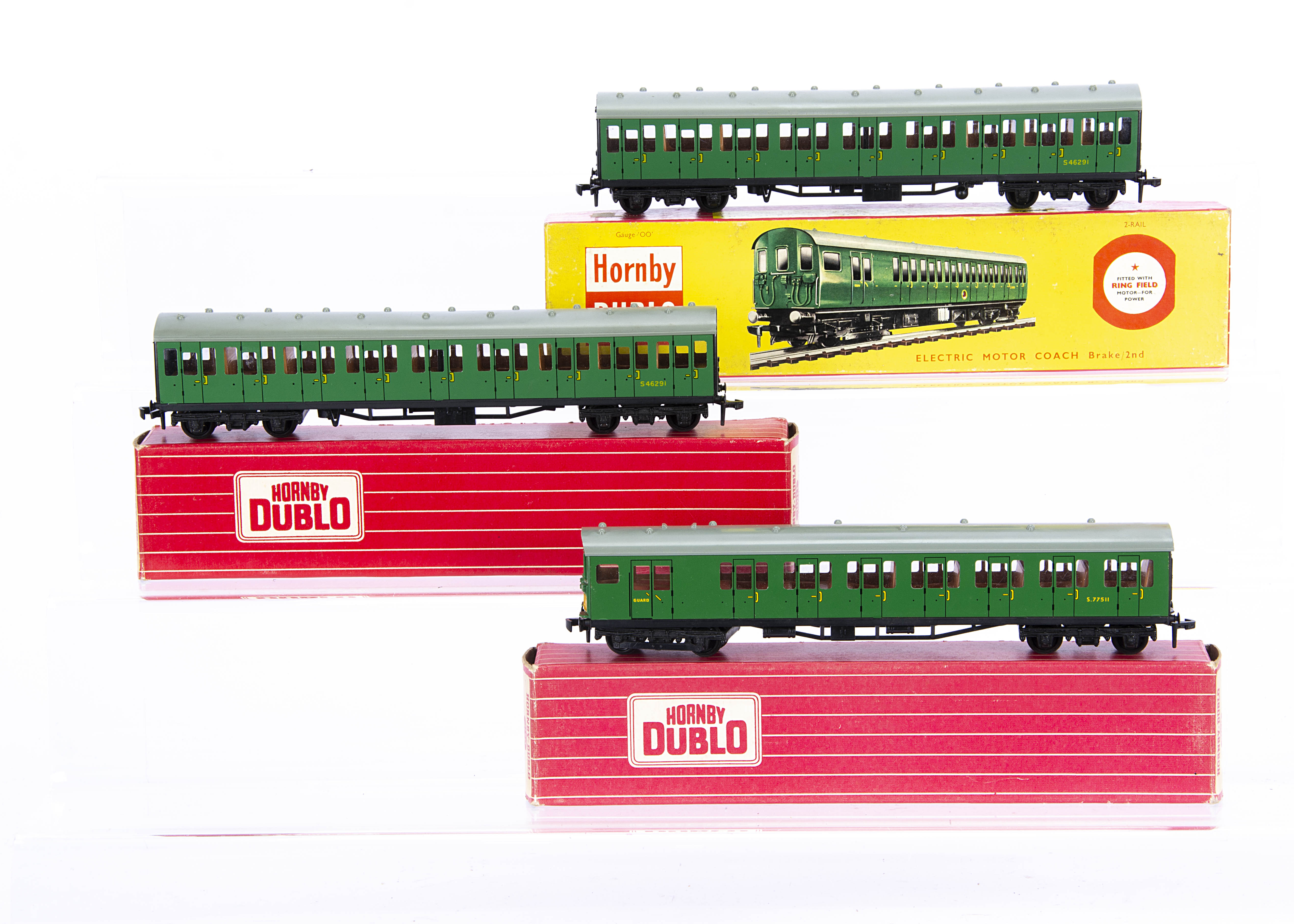 Hornby-Dublo 00 Gauge 2-Rail 4-Car BR SR green EMU, 2250 Electric Motor Coach, in original picture