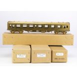 Four boxed unpainted brass Finescale 0 Gauge BR Mark 1 Coaches by San Cheng or similar, representing