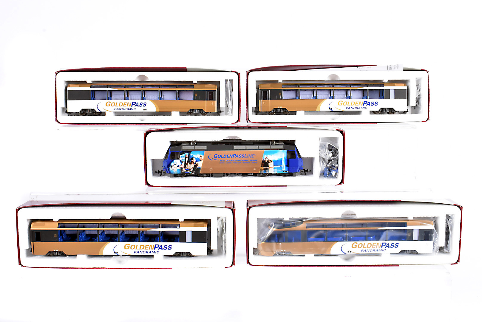 Bemo H0e/H0m Gauge Swiss Electric Locomotive and Coaches, all boxed with accessories, Golden Pass