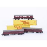 Tri-ang TT Gauge maroon Coaches with square windows, T80 1st/2nd (2, one boxed) and T81 Brake/2nd,