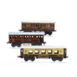 Three vintage Bing 0 Gauge Coaches, comprising brown/cream lithographed Pullman car 'Rosemary'
