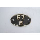 Scottish Cast Iron Shed Plate, oval shed plate possibly repainted from Hurlford 67 B white lettering