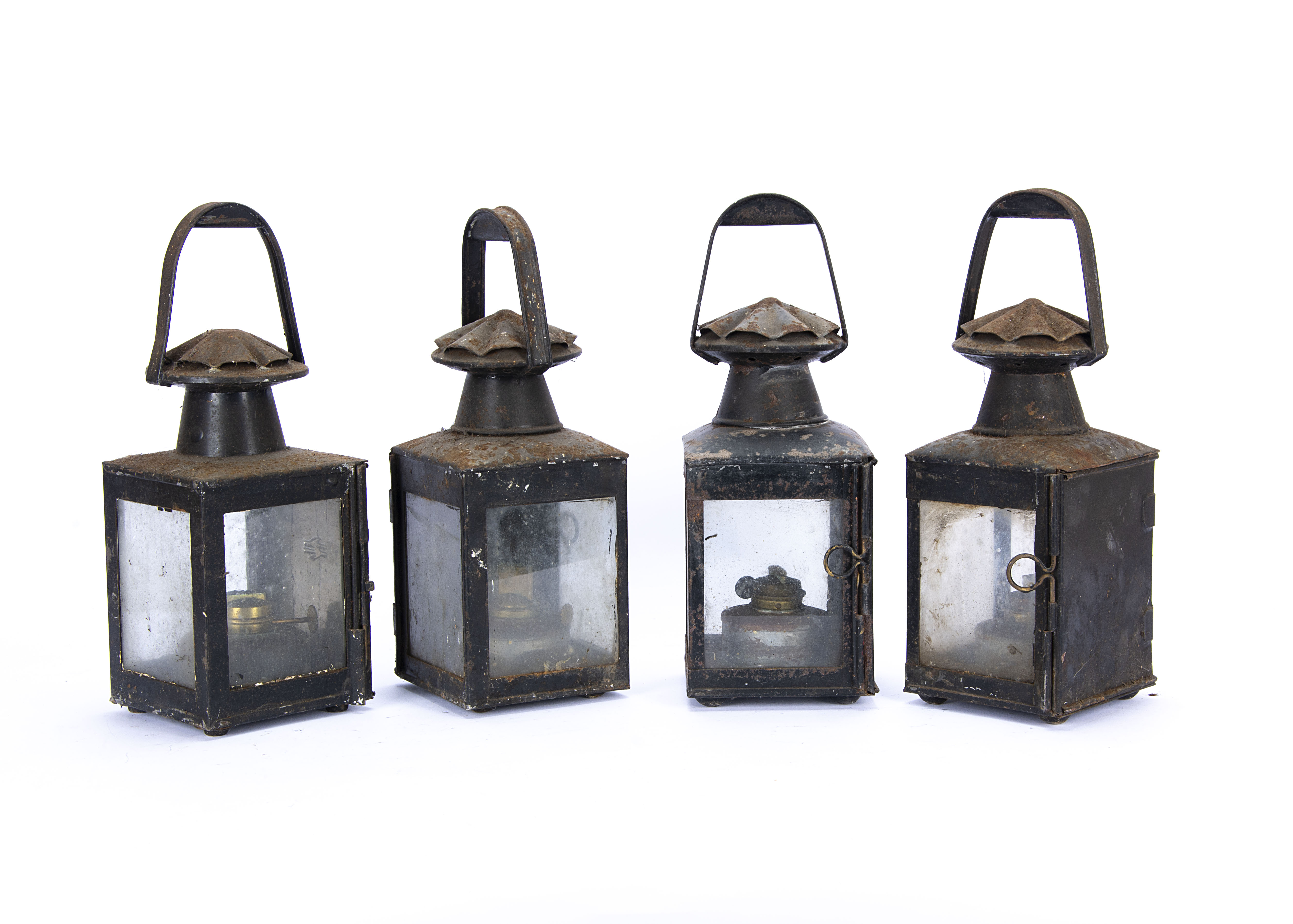 BR Railway Lamps, three marked BR (S) one with BR logo, all of square form, with three glass