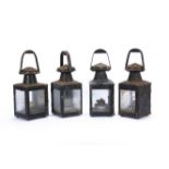 BR Railway Lamps, three marked BR (S) one with BR logo, all of square form, with three glass