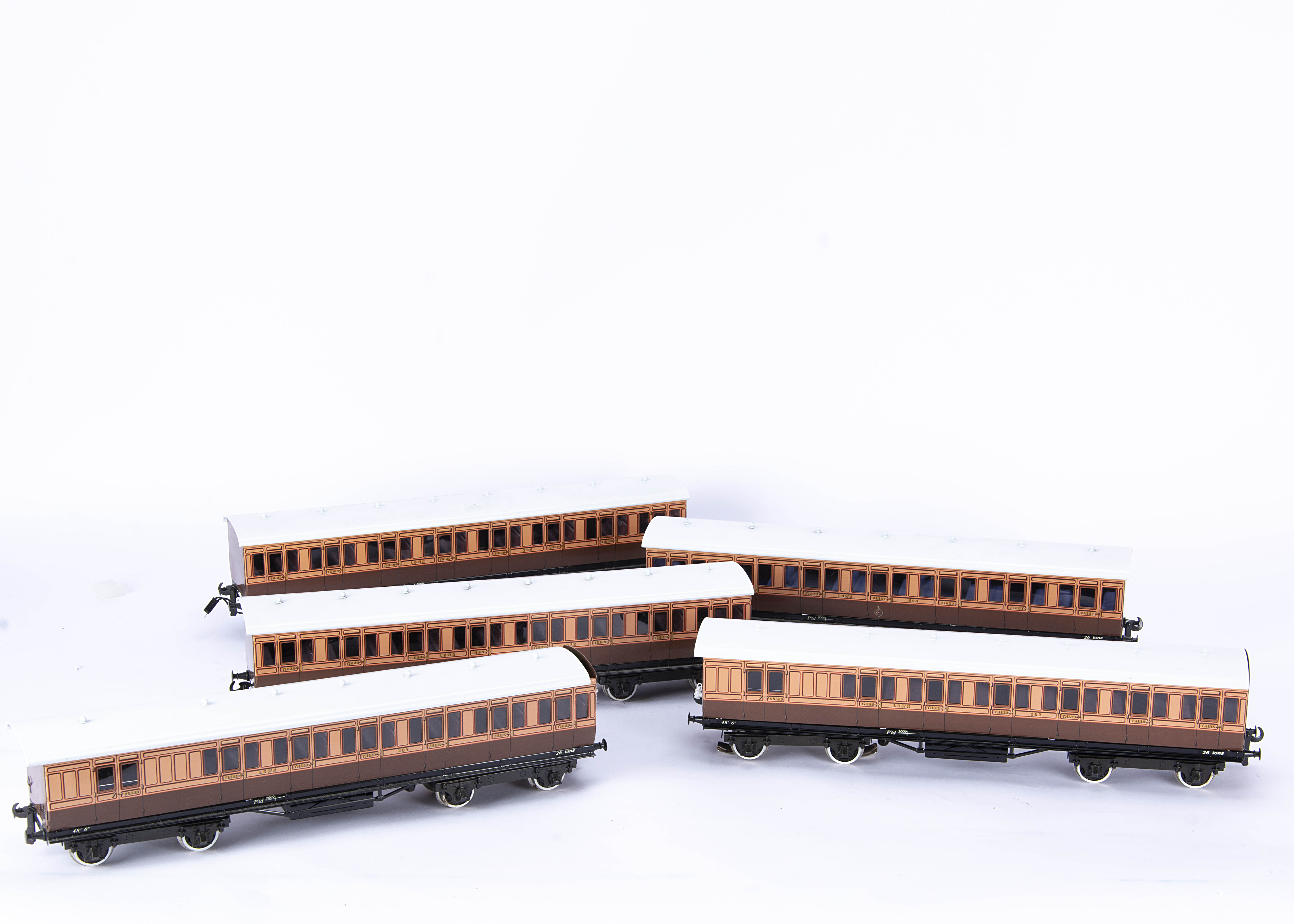 A set of Five 0 Gauge LSWR non-Corridor bogie Coaches by Darstaed, all in LSWR lithographed salmon