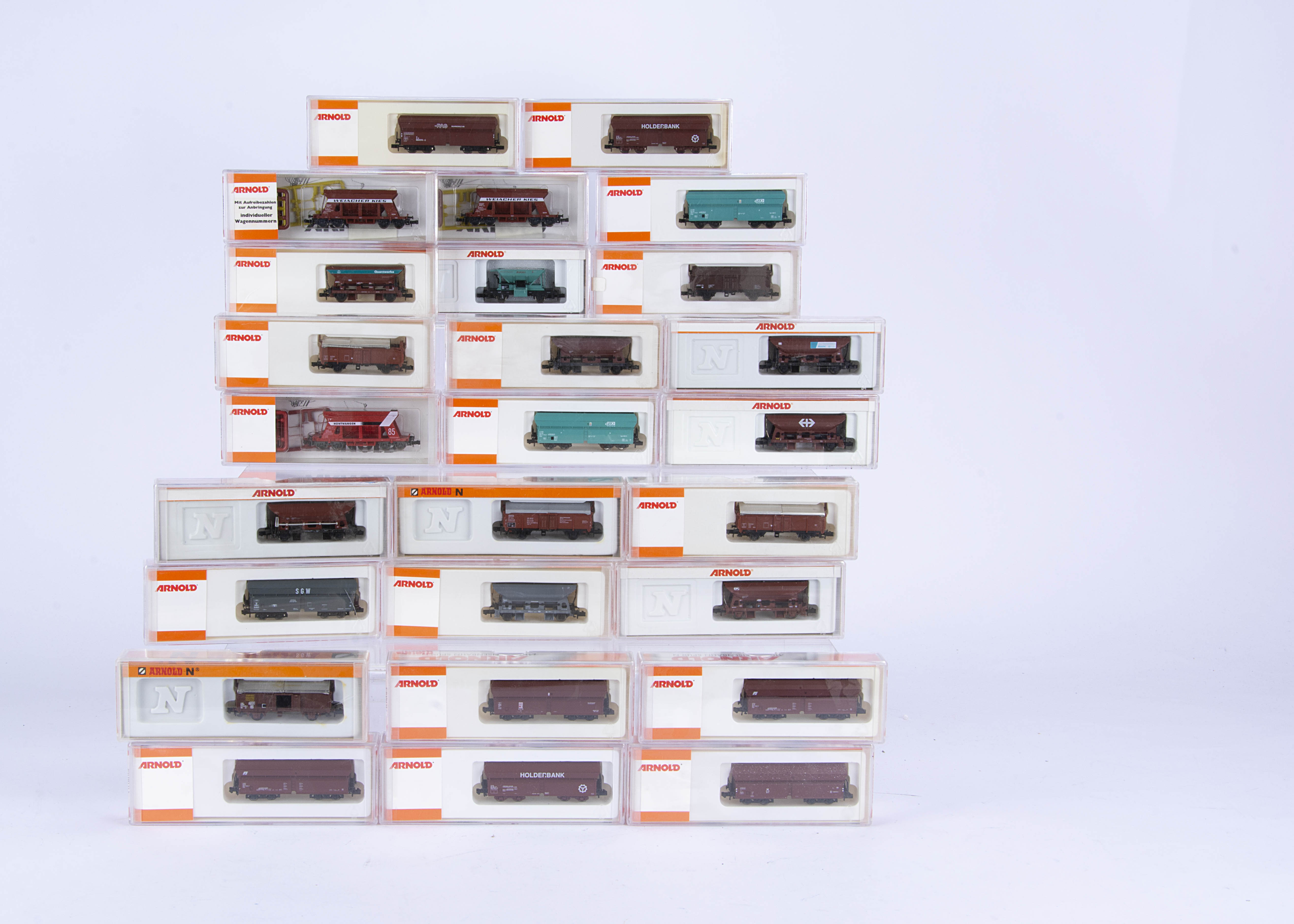 Arnold N Gauge Freight Stock, a cased collection in various liveries from various rail networks,