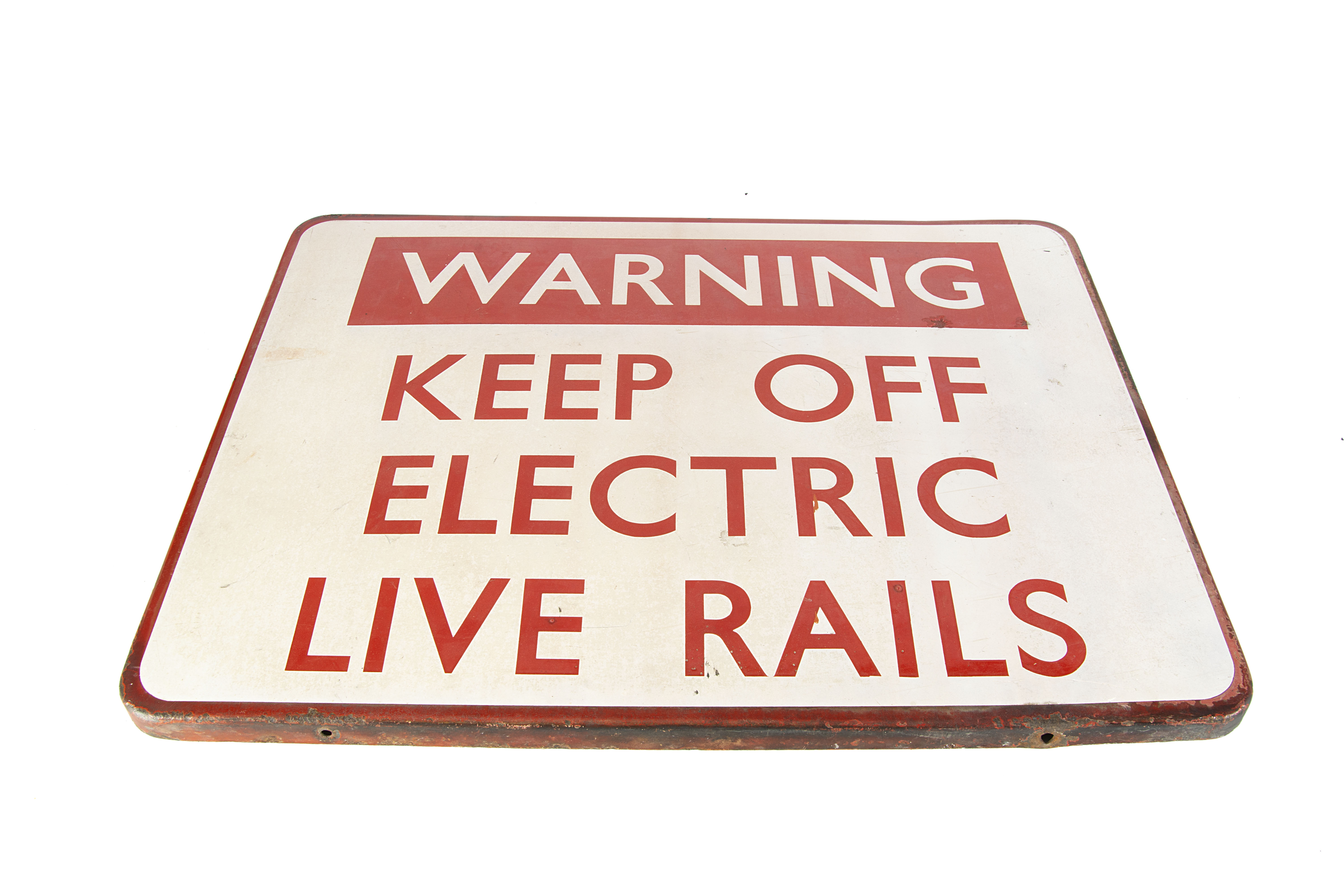 Enamelled Railway Warning Sign, white and red enamel inscribed Warning Keep Off Electric Live Rails,