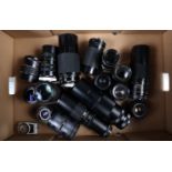 A Tray of SLR Lenses, prime and zoom lenses, various mounts and focal lengths, manufacturers include