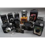 A Tray of Folding and Box Cameras, including an Ensign Midget, a No 2 Ensignette De Luxe, a Kodak