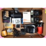 A Tray of Camera Related Items, including a F Zuiko 50mm f/1.8 lens, barrel G, elements G-VG, with