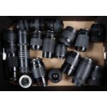 A Tray of Zoom Lenses, various mounts and focal lengths, auto & manual focus, auto focus untested,