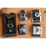 Folding and Other Cameras, a Kodak no 3A folding autographic Brownie, an Agfa Isolette, a GuGo