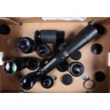 A Tray of Various Lenses, various mounts, including a Minolta 50mm f/4.5 enlarging lens, a Chinon