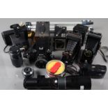 A Tray of Various Cameras, including a Ricoh KR-10 Super, faulty, with Rikenon 50nn f/2 lens,