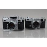 Two Kiev Rangefinder Cameras, a Kiev 4, shutter sluggish/erratic, meter responsive, self timer