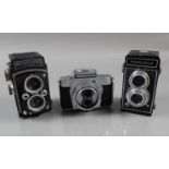 Three TLR Cameras, an Agfa Flexilette, shutter working, leatherette missing from top of finder,