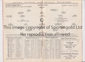 ARSENAL Programme for the home League match v Huddersfield 2/1/1937, very slight vertical crease.