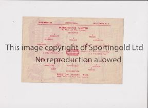 MANCHESTER UNITED Single sheet home programme for the FL North match v Preston 3/11/1945 minor