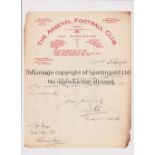 ARSENAL SIGNED LETTER 1915 Official Arsenal letter to Aston Villa, on letter headed paper, 22/2/