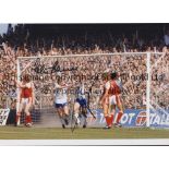 ENGLAND AUTOGRAPHS A 12 x 8 col photo of Peter Barnes celebrating with Paul Mariner who had just