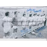 ENGLAND AUTOGRAPHS A 12 x 8 col photo of players lining up shoulder to shoulder prior to a 3-1
