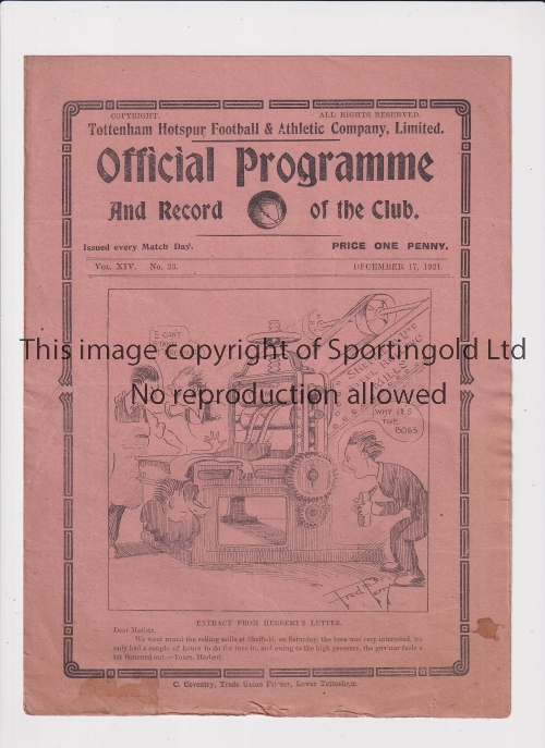 TOTTENHAM HOTSPUR Programme for the home League match v Chelsea 17/12/1921, very slightly marked and