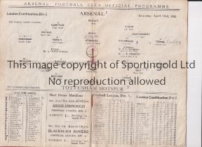ARSENAL V TOTTENHAM HOTSPUR 1932 Programme for the London Combination match at Arsenal 23/4/1932,