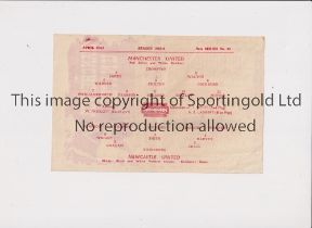 MANCHESTER UNITED Single sheet home programme for the FL North match v Newcastle Utd. 22/4/1946,