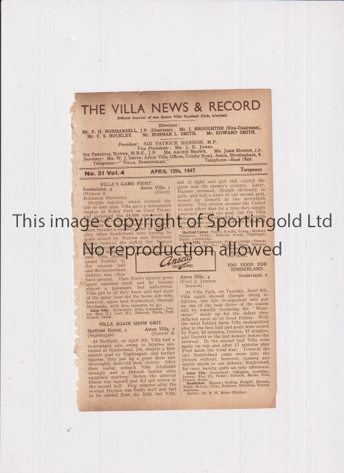 ASTON VILLA Programme for the home League game in 1946/7 season v Grimsby Town, ex-binder and