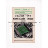MANCHESTER UNITED Programme for the away Friendly v Swansea Town 24/1/1959, very slight vertical