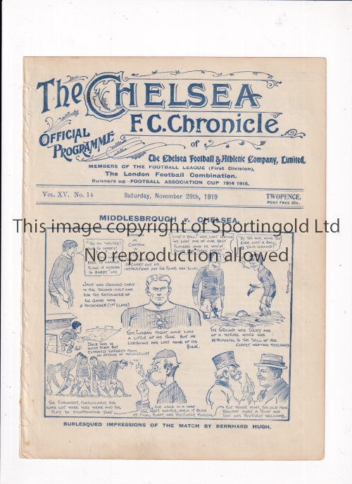 CHELSEA Programme for the home League match v Middlesbrough 29/11/1919, ex-binder. Generally good