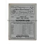 1929 WEST HAM V SUNDERLAND Programme for the game at West Ham on 7/12/29, score and team changes