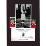 TED DRAKE AUTOGRAPH An A4 mounted card with a b/w photo and 2 cigarette cards in Arsenal kit and a