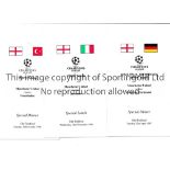 MANCHESTER UNITED Fourteen white card 4 page menus with the countries flag on the cover for European
