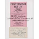 CHESTER V PLYMOUTH ARGYLE Programme 11/1/1947 and official Chester postcard 8/1/1947 advising the