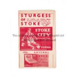 ARSENAL Programme for the away League match v Stoke 1951/52, very slightly creased. Good