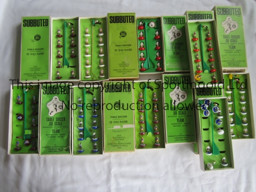 SUBBUTEO Nine boxed teams, 7 of which are complete including all white with red trim, claret shirt